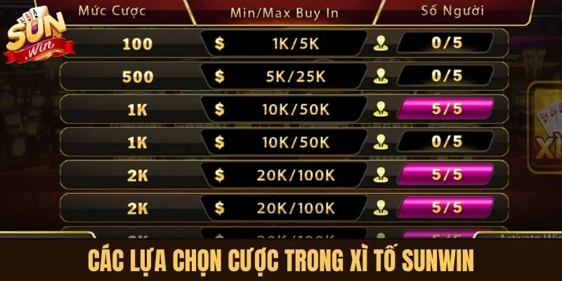Các lựa chọn cược game Xì tố