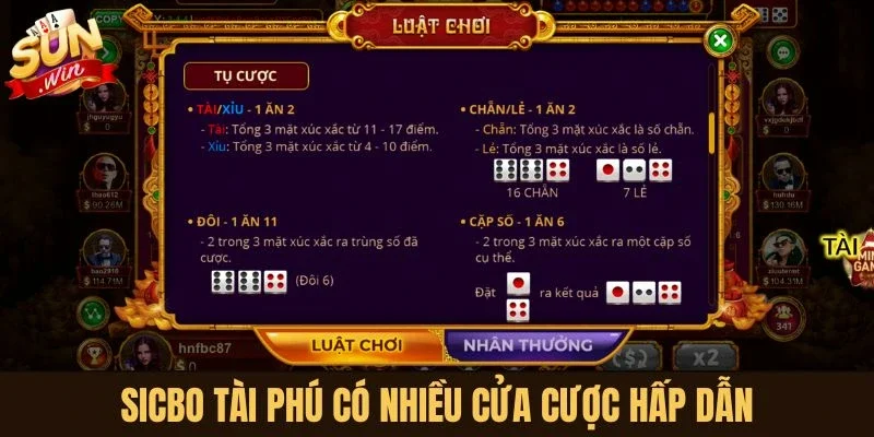 Sicbo Tài Phú có nhiều cửa cược hấp dẫn